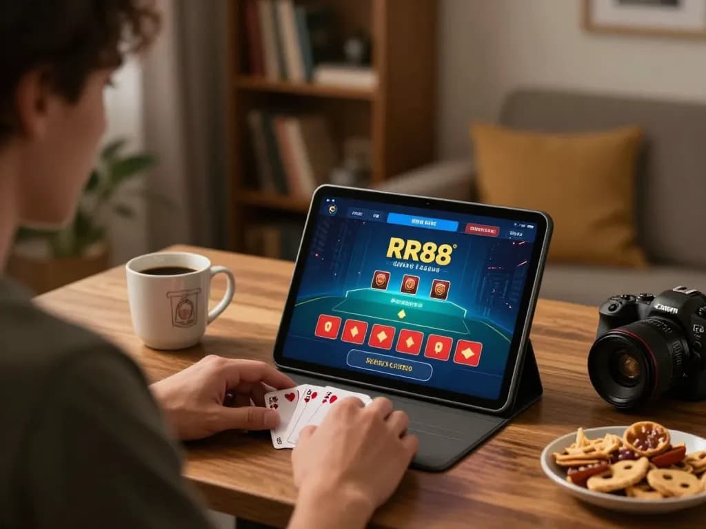 A player enjoying online baccarat on the RR88 app in a cozy home setup with snacks and warm lighting.
