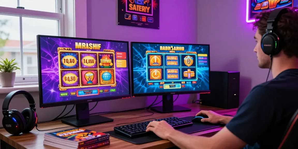 Engaging scene of credit card casinos at mhfe.org.uk, featuring a player immersed in online gambling with vibrant screens and gaming gear.