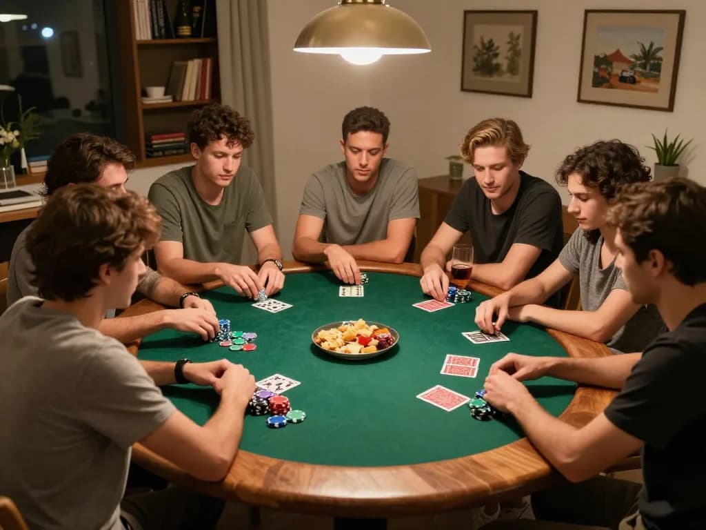 Players enjoying intense poker night at home showcasing 888b gaming strategies and camaraderie.