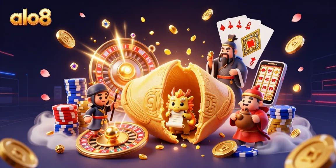 Play and win with alo8 at this vibrant casino scene featuring golden fortune cookies and dynamic gaming elements.
