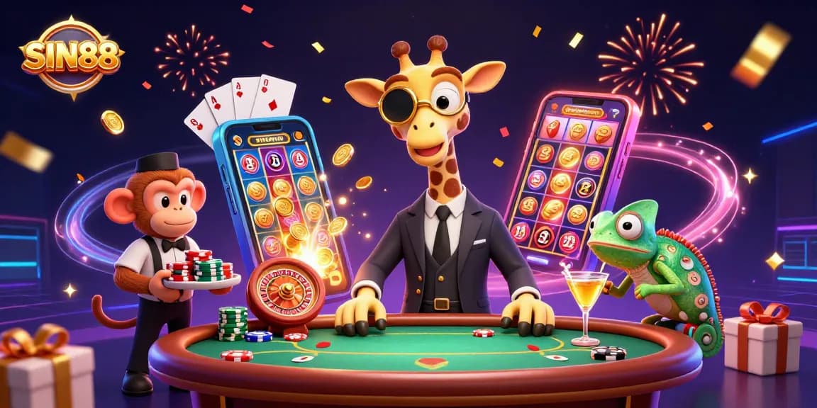 SIN88 captivates with a vibrant 3D casino scene, featuring a giraffe in a suit at a poker table.
