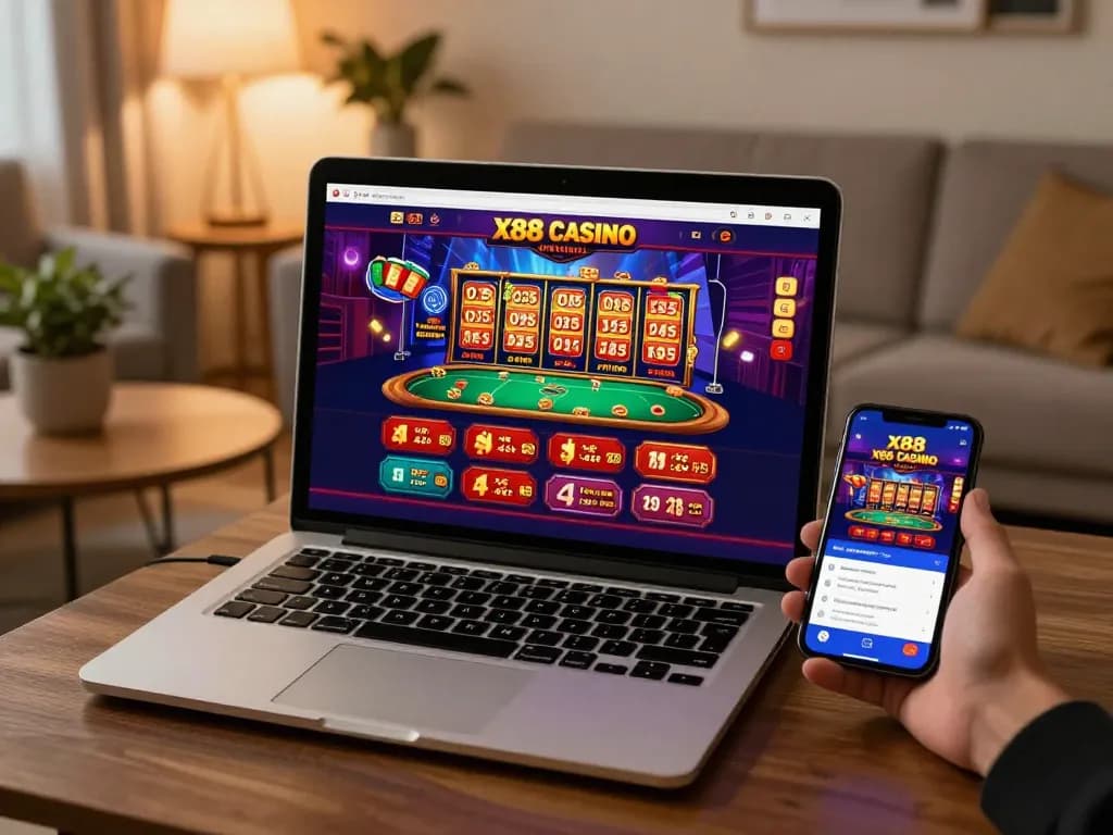 X88 users enjoying online gaming with vibrant visuals on laptop and mobile app
