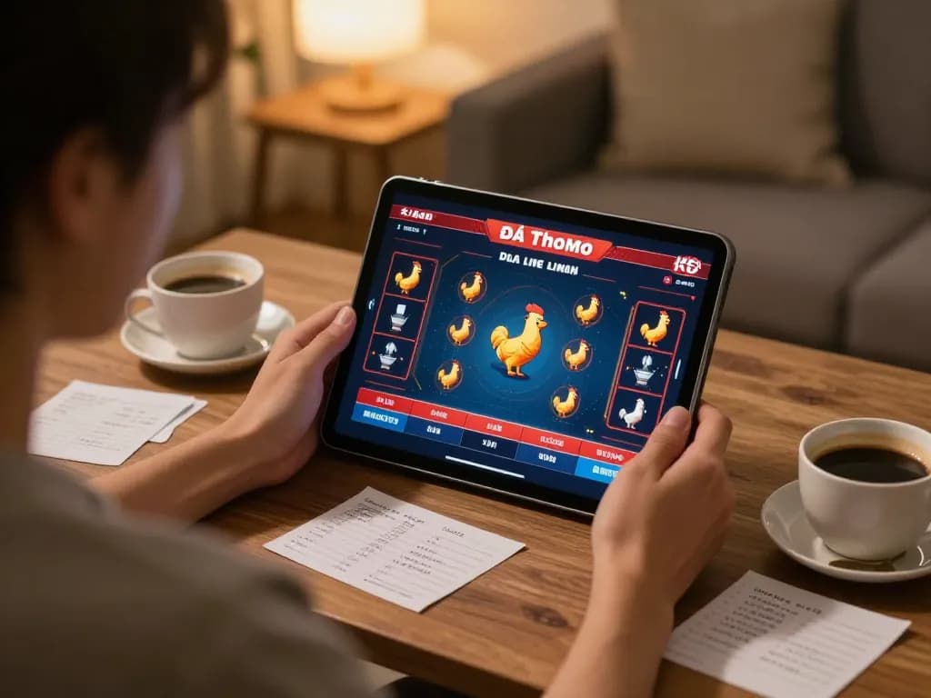 Watch Đá gà thomo live on a tablet, blending excitement with comfort in a cozy home setting.