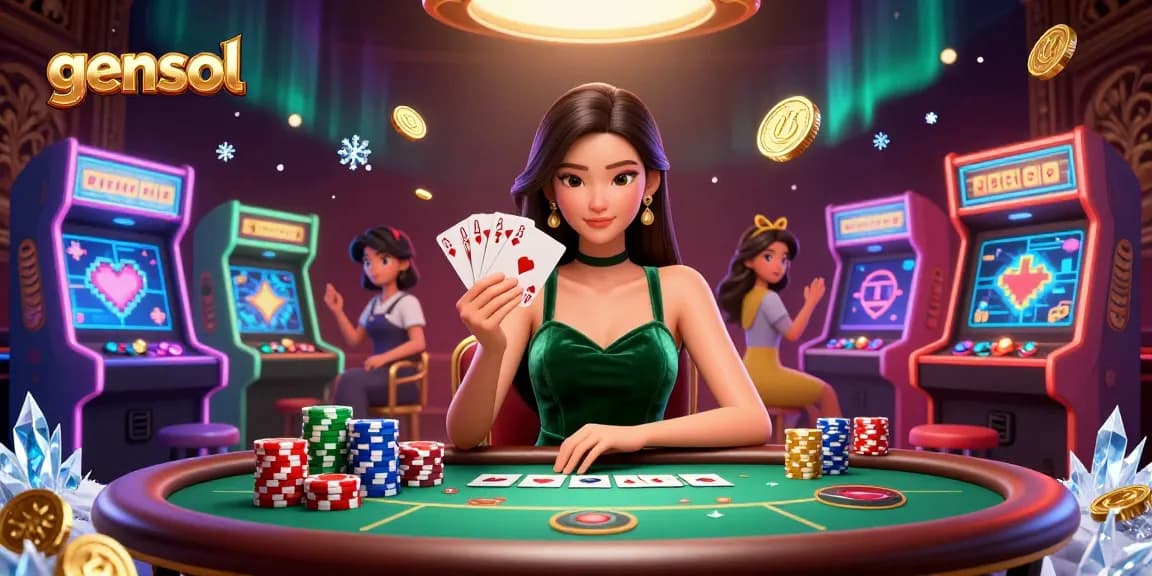 Watch gensol players strategize at a luxury poker table while surrounded by colorful arcade elements.