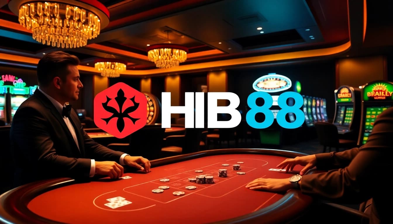 Experience thrilling gameplay at HB88's luxurious casino with vibrant poker tables and roulette wheels.