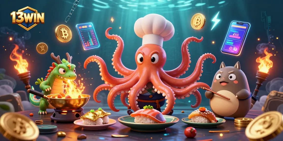 Engage in thrilling 13WIN casino adventures with vibrant 3D characters and gold-themed elements.