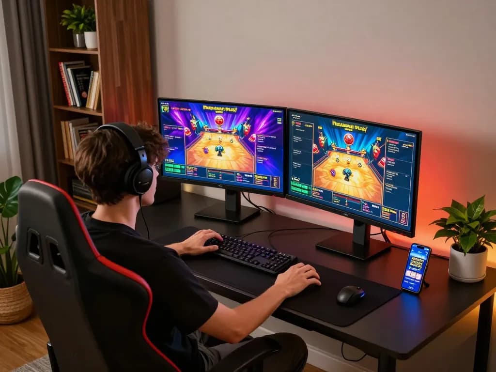 Engaging gaming experience with Pragmati Play slots displayed on dual monitors, highlighting a dynamic online gambling setup.