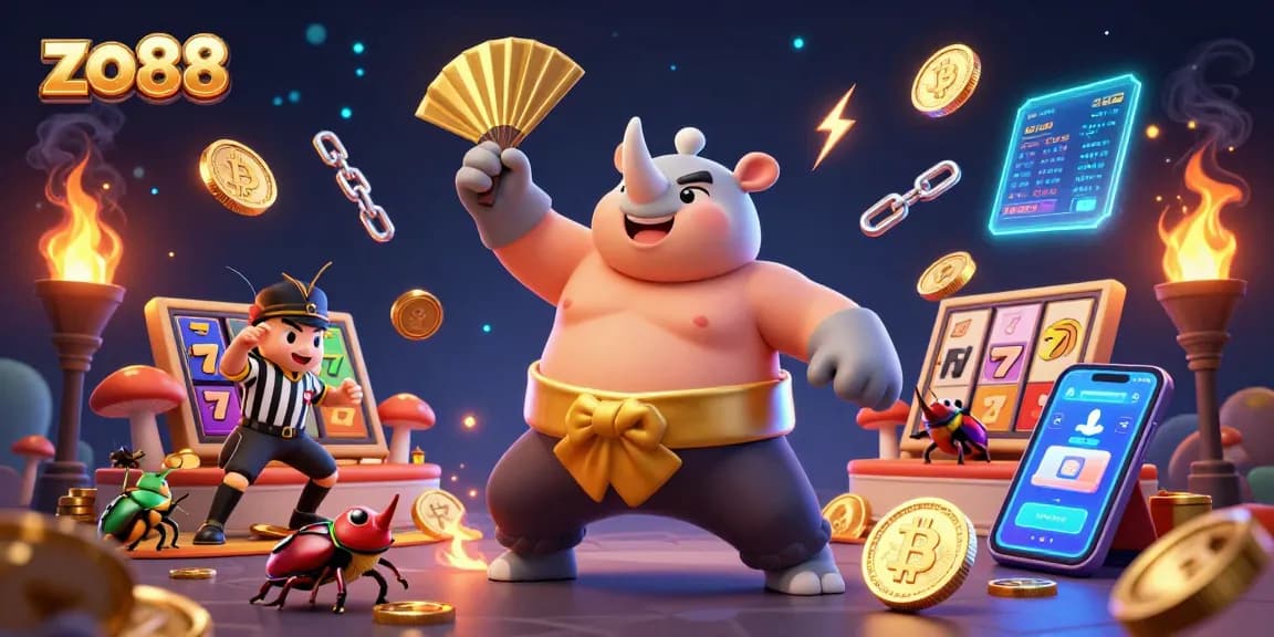 Enjoy exciting games at zo88 with a cartoon rhinoceros beetle sumo champion amidst flying coins and slot reels.