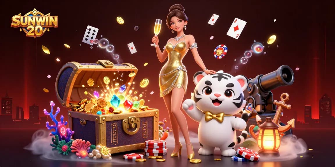 Experience the thrill with SUNWIN 20 as a glamorous woman celebrates with a lucky tiger at a vibrant casino scene.