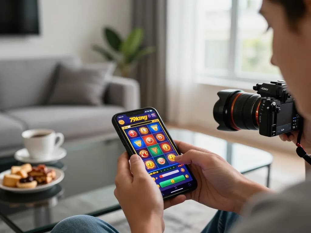 Engaging 79king online gaming experience on smartphone in a cozy living room atmosphere
