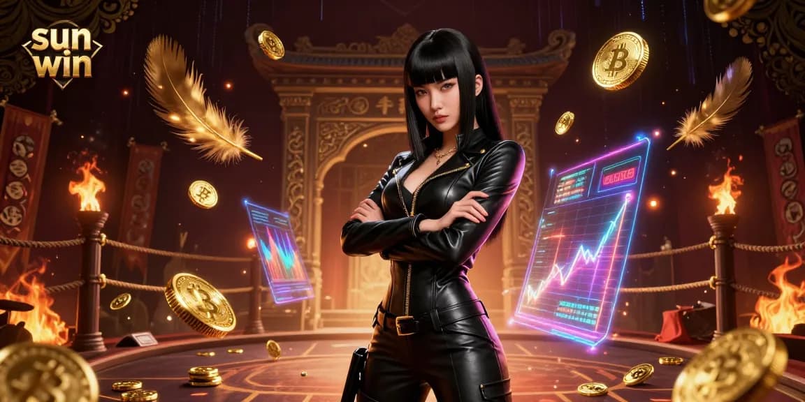 Experience thrilling gameplay at sun win with floating Bitcoin coins in an electrifying casino scene.