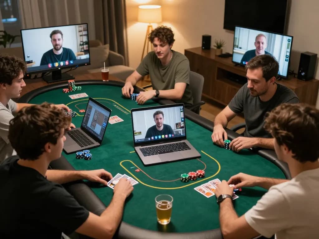 Players engaging in an online poker game at nk88 with cards and chips visible, creating a lively gaming atmosphere
