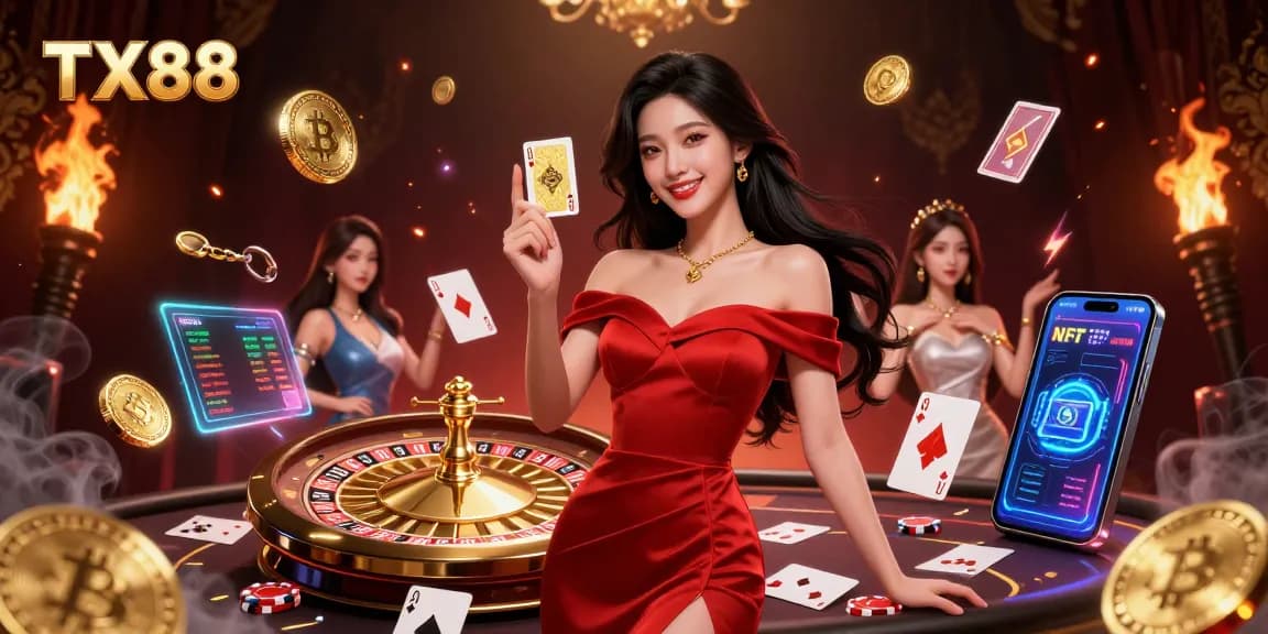 Play exciting games at TX88 with golden cards and vibrant casino elements.