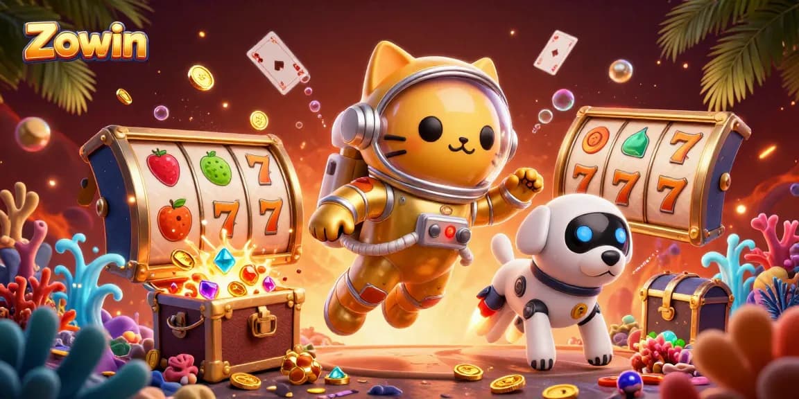 Zowin offers thrilling jackpot games featuring a whimsical astronaut cat and robot dog animated in a vibrant casino scene.