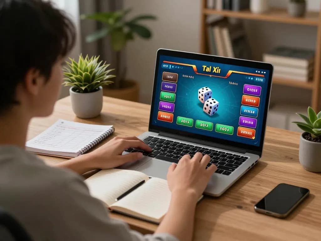 Tài Xỉu Online gaming experience at home with player using laptop and tracking strategy notes.