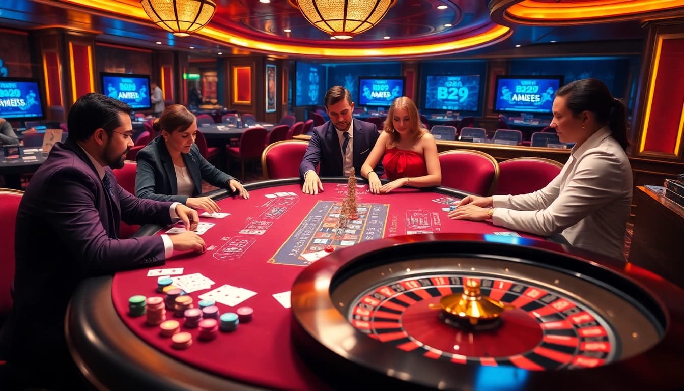 B29 casino scene showcasing vibrant gaming actions with players at a roulette table and high-quality chips.