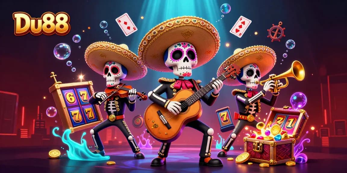 Experience thrilling Du88 gaming with an energetic mariachi band and vibrant slot reels.