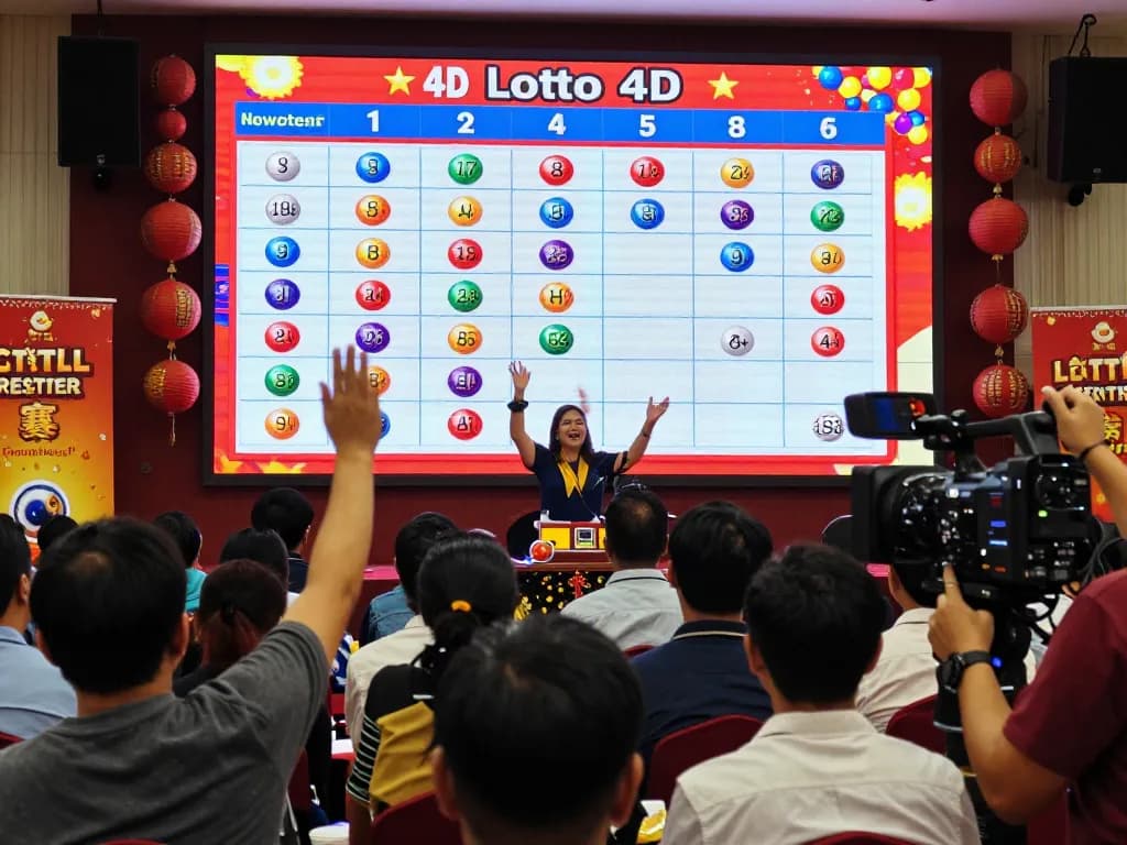 Audience eagerly watching the live 9 Lotto 4D lottery results reveal, colorful atmosphere and lottery excitement.