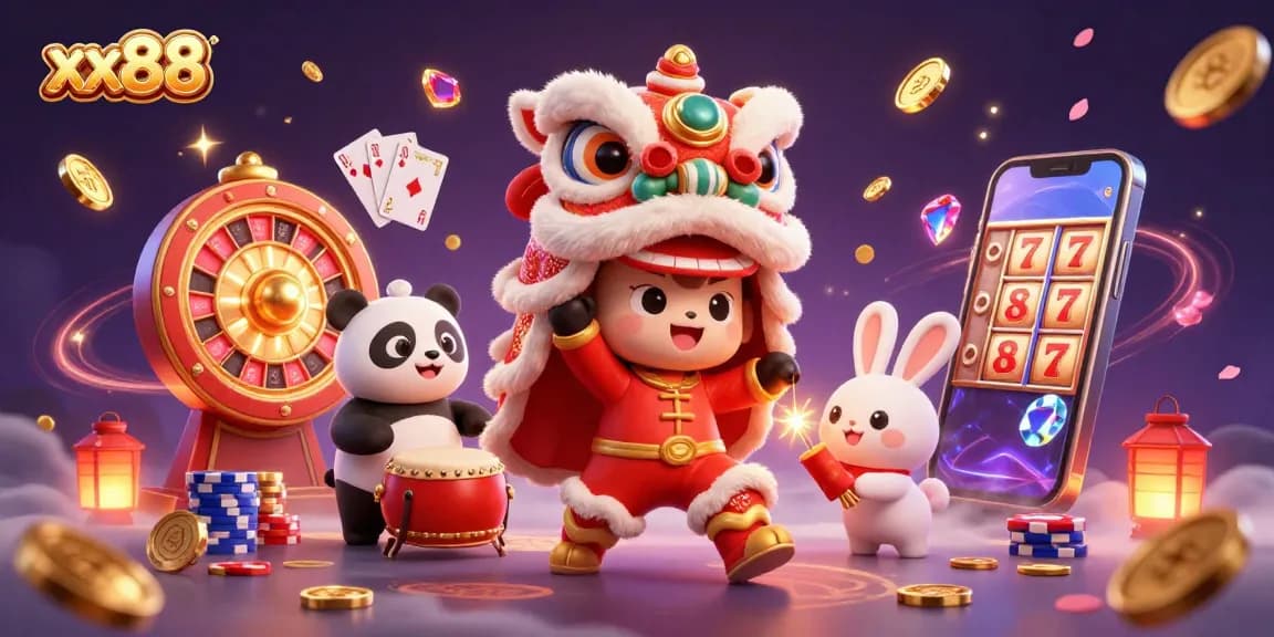 Experience the excitement of xx88 with charming characters in a vibrant casino scene full of rich details.