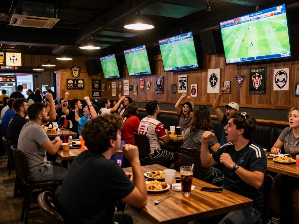 Excited fans cheering for kết quả bóng đá as live scores update during a thrilling match at a sports bar