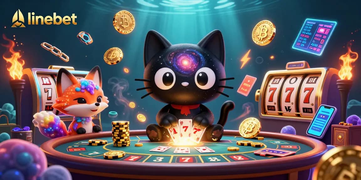 Engage with thrilling linebet gaming, featuring a cosmic cat and nebula fox at a vibrant casino.