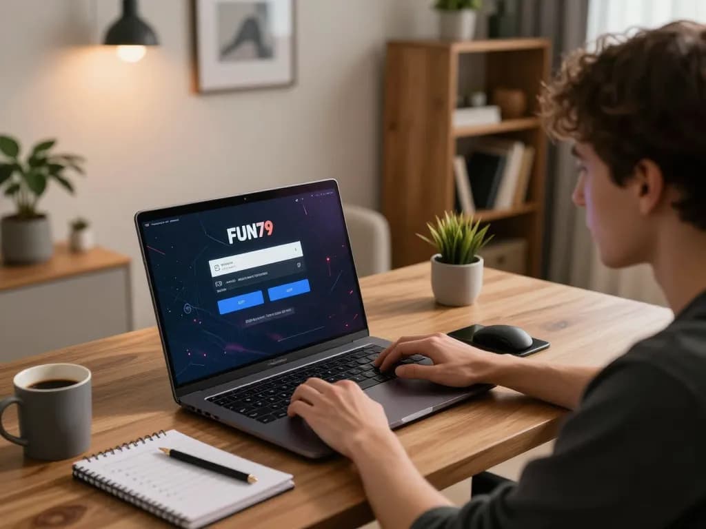 Engaging in online gaming with FUN79 login interface visible on the laptop screen.
