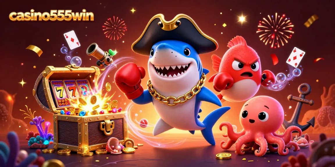 Engage in thrilling gaming with casino555win, featuring vibrant characters in a dynamic casino scene.