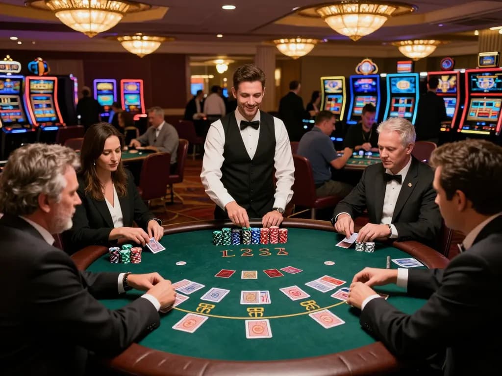 Engaged players at a blackjack table in a sunwin casino, chips stacked, cards in play