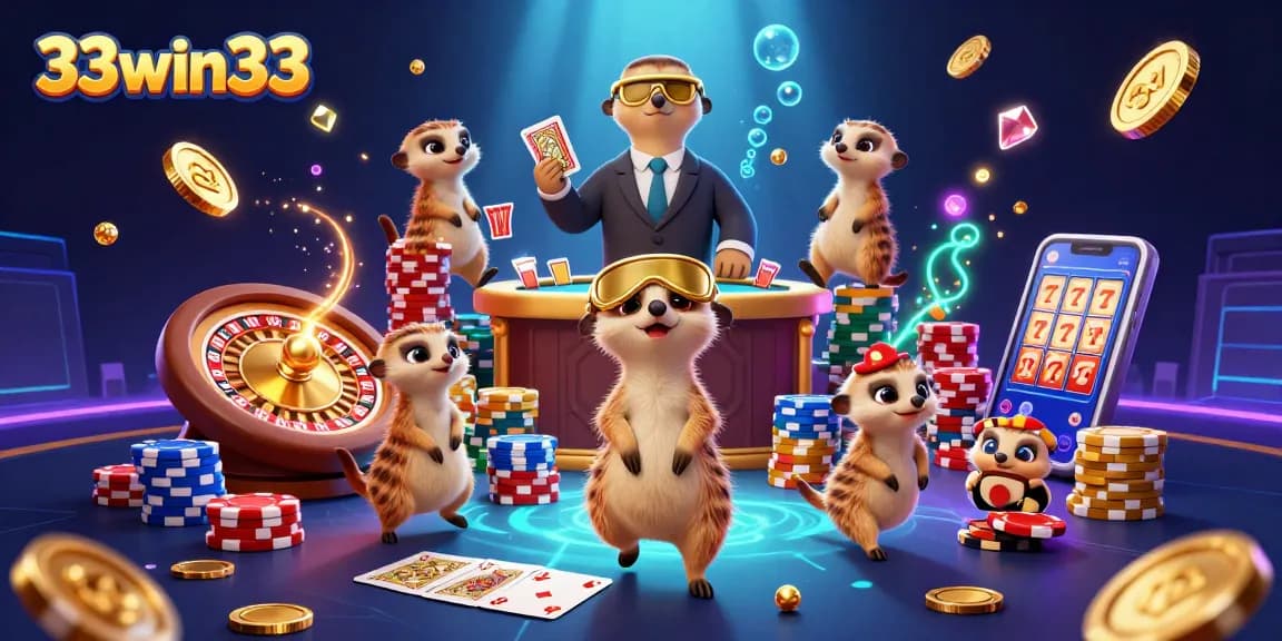 Engage with 33win33's vibrant casino scene featuring meerkat characters, lively gaming elements, and fun visuals.