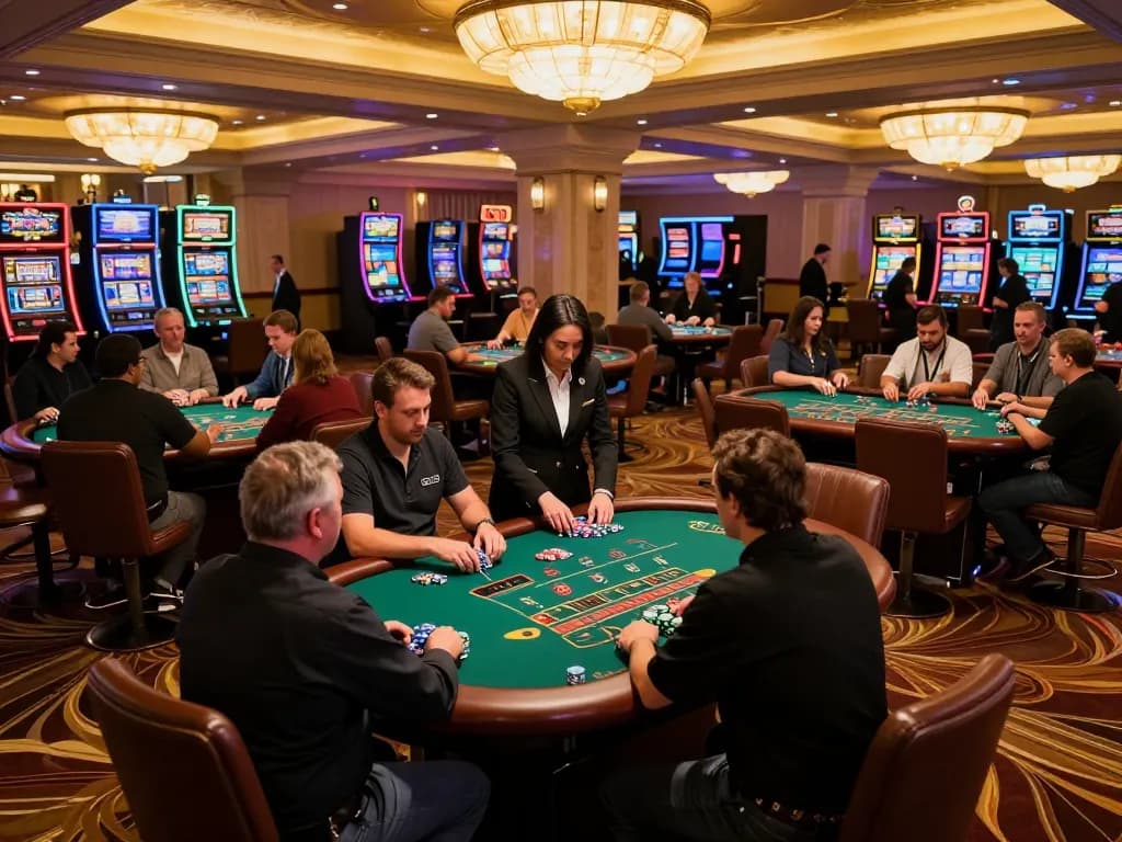 Players engage in thrilling blackjack games at ta88e's vibrant casino, chips and cards in action.