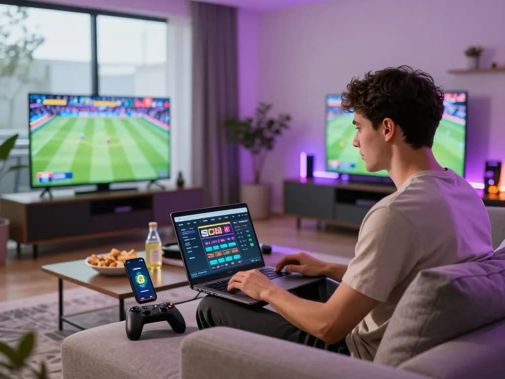 Engaged gamer using the SC88 platform on laptop in a vibrant living room.
