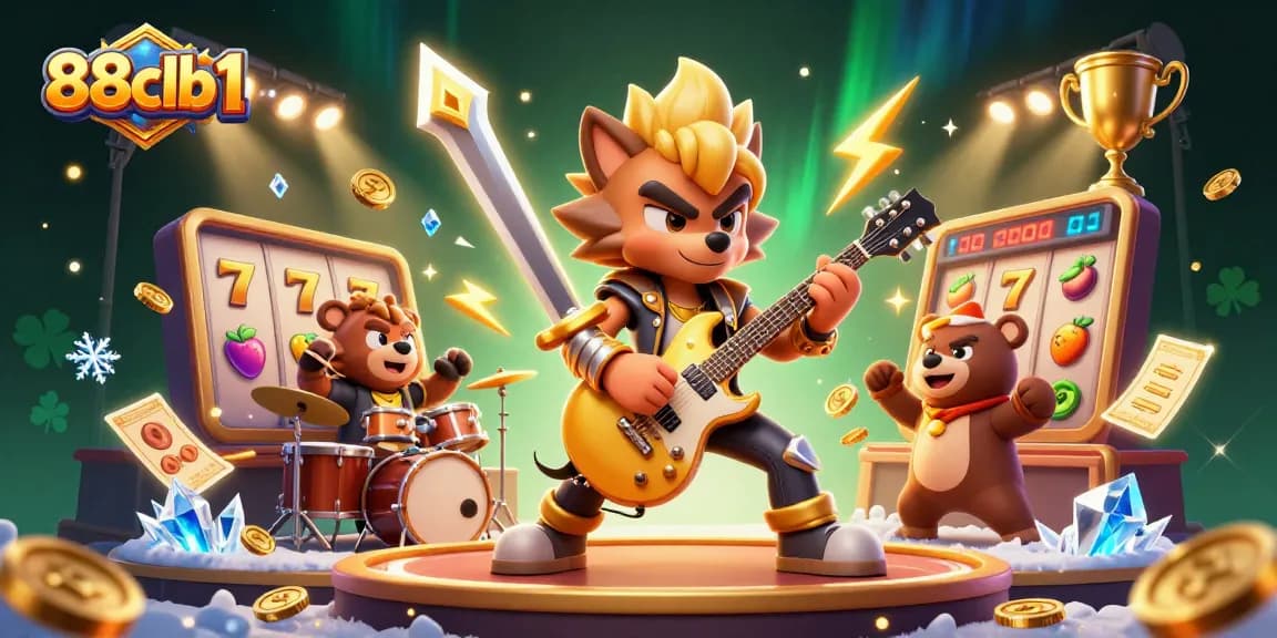 Engage with 88clb1's thrilling slots through a vibrant casino-themed illustration featuring games and characters.