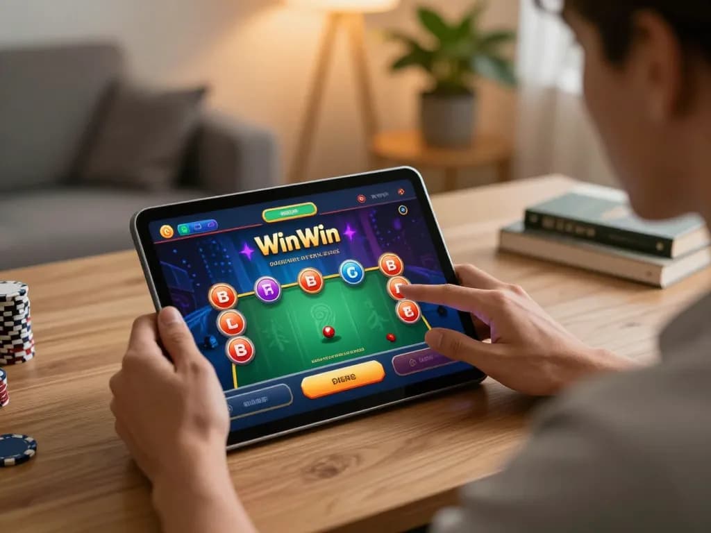 WinWin player enjoying strategic poker gameplay on a tablet in a cozy home setting.