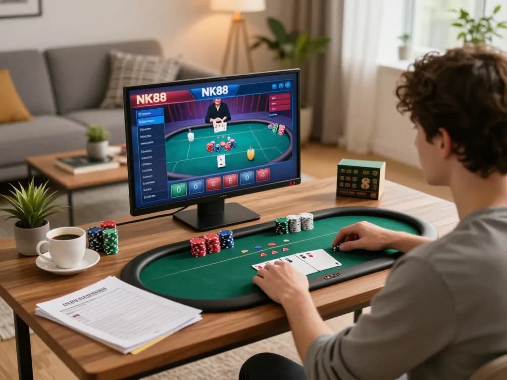 Engaging session of NK88 poker gaming on mobile, highlighting strategic play in a cozy setting.