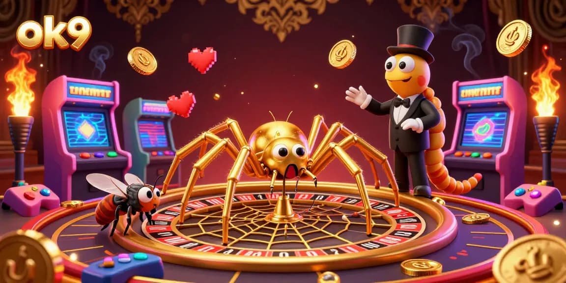 Experience thrilling bets with ok9 in this vibrant 3D casino scene featuring a spider croupier and arcade elements.