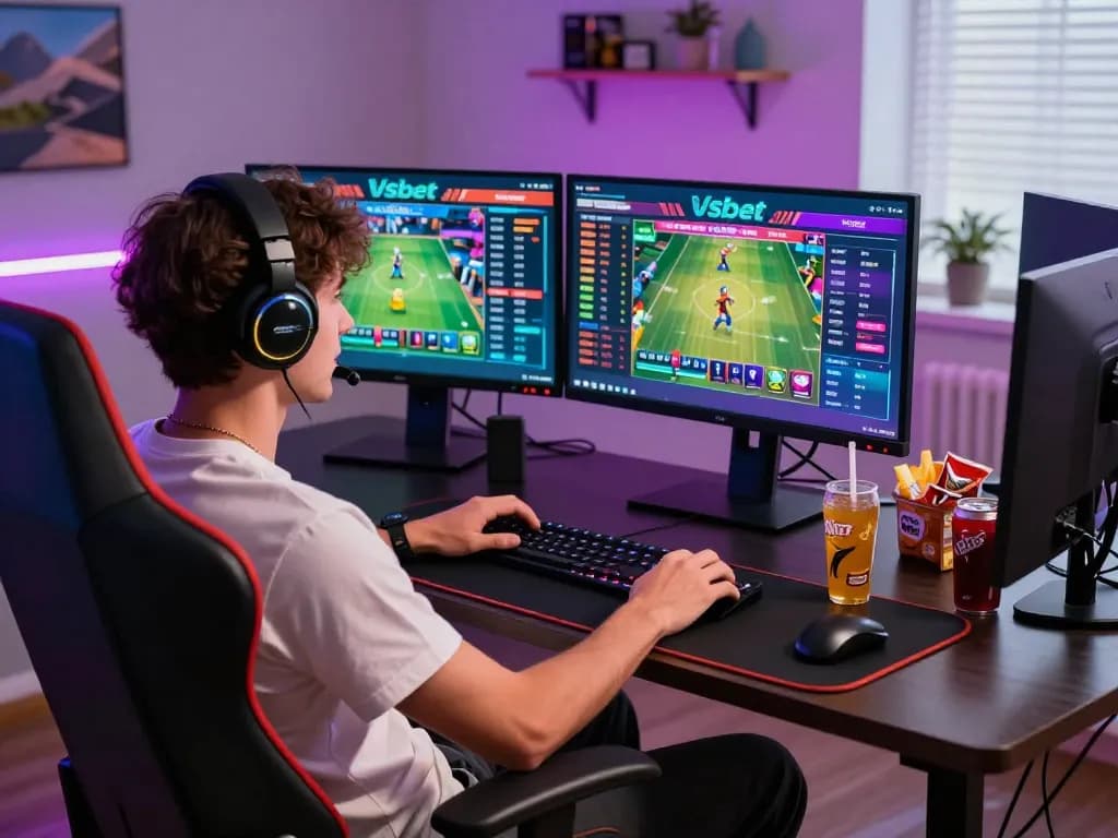 Player enjoying sports betting on Vsbet with dual monitors and immersive setup.