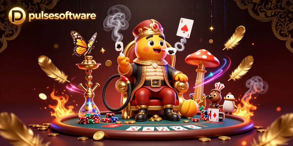 Experience pulsesoftware's vibrant casino scene with a captivating 3D poker-themed illustration.