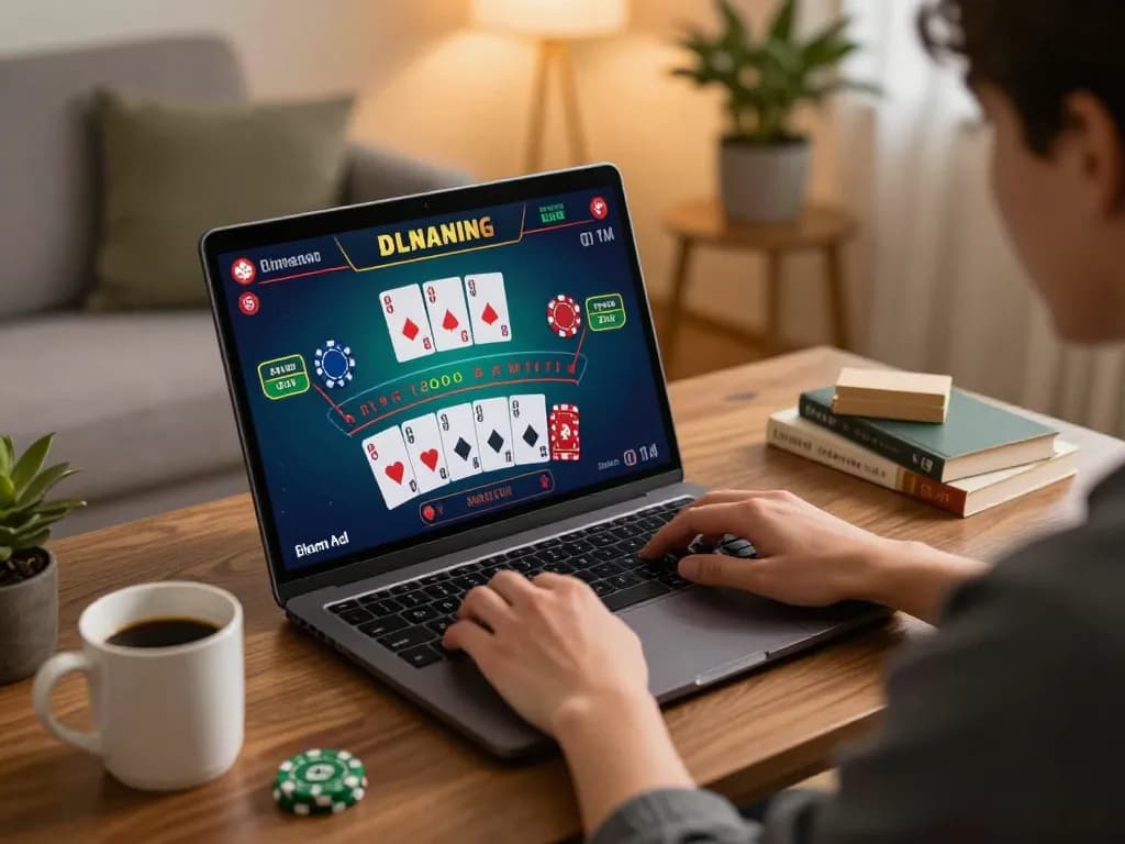 Engaged player enjoying good88 online casino blackjack at home with vibrant game interface.