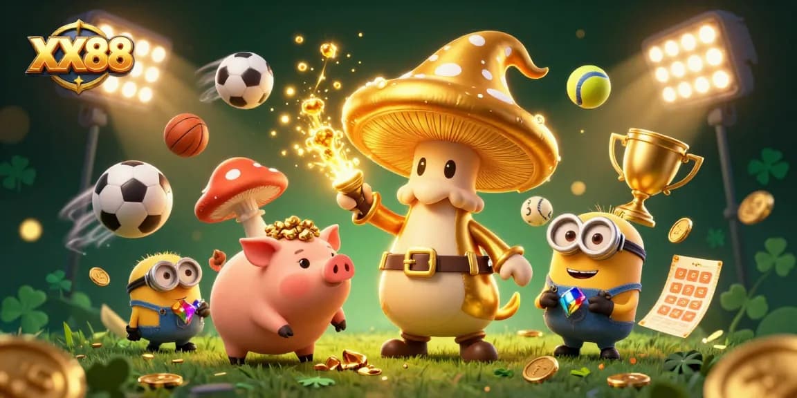 Experience thrilling gameplay at XX88 with our vibrant casino illustration featuring magical creatures and sports elements.
