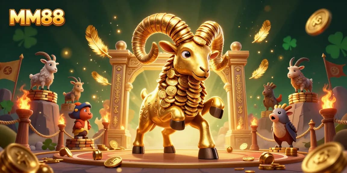 MM88 showcases a golden ram charging through a casino arena, surrounded by betting coins and vibrant action.