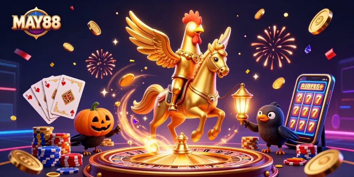 MAY88 golden rooster headless horseman rides a spectral horse in a vibrant casino scene