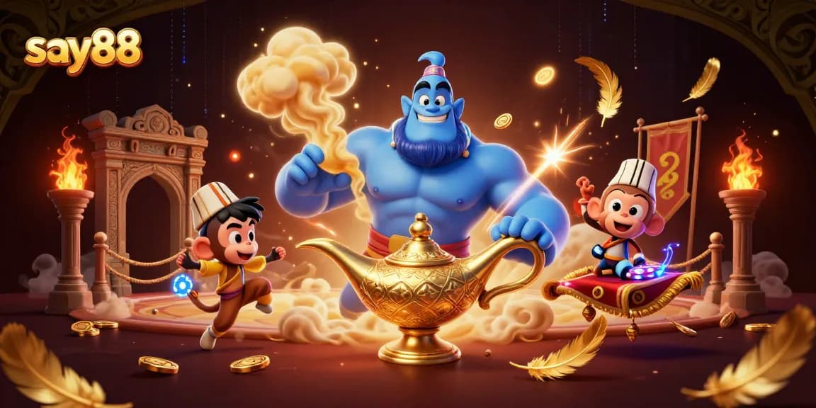 Engage with say88 in an exciting casino scene featuring a magical genie, poker chips, and vibrant elements.