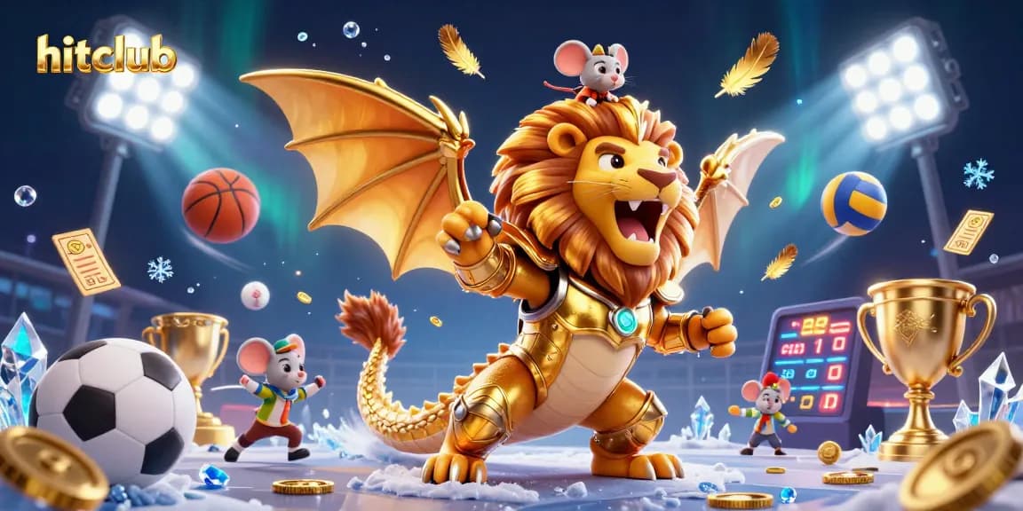 Hitclub celebrates sports betting with a dynamic, golden armor chimera scene featuring 3D sports balls.