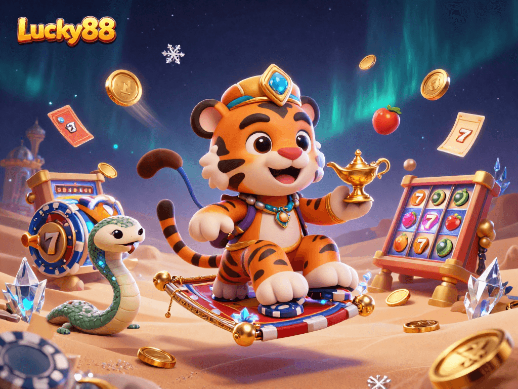 Experience thrilling gameplay with Lucky88's vibrant casino world featuring characters and dynamic elements.