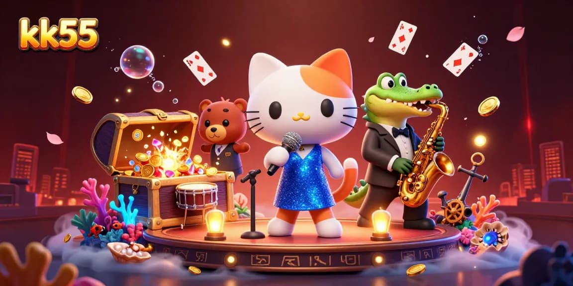 Engage with vibrant casino fun at kk55 alongside lively characters in a colorful scene.