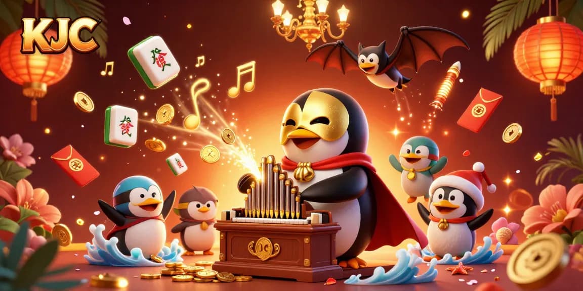 Experience vibrant gaming with KJC in this rich 3D casino scene featuring a phantom penguin playing an organ.