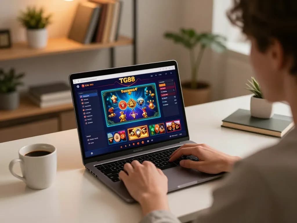 Engaged player using TG88 online casino app on laptop in a stylish home setting