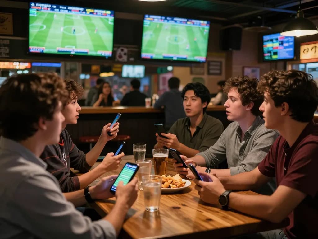 Engaged sports bettors checking ผลบอลวันนี้ updates on smartphones during thrilling match