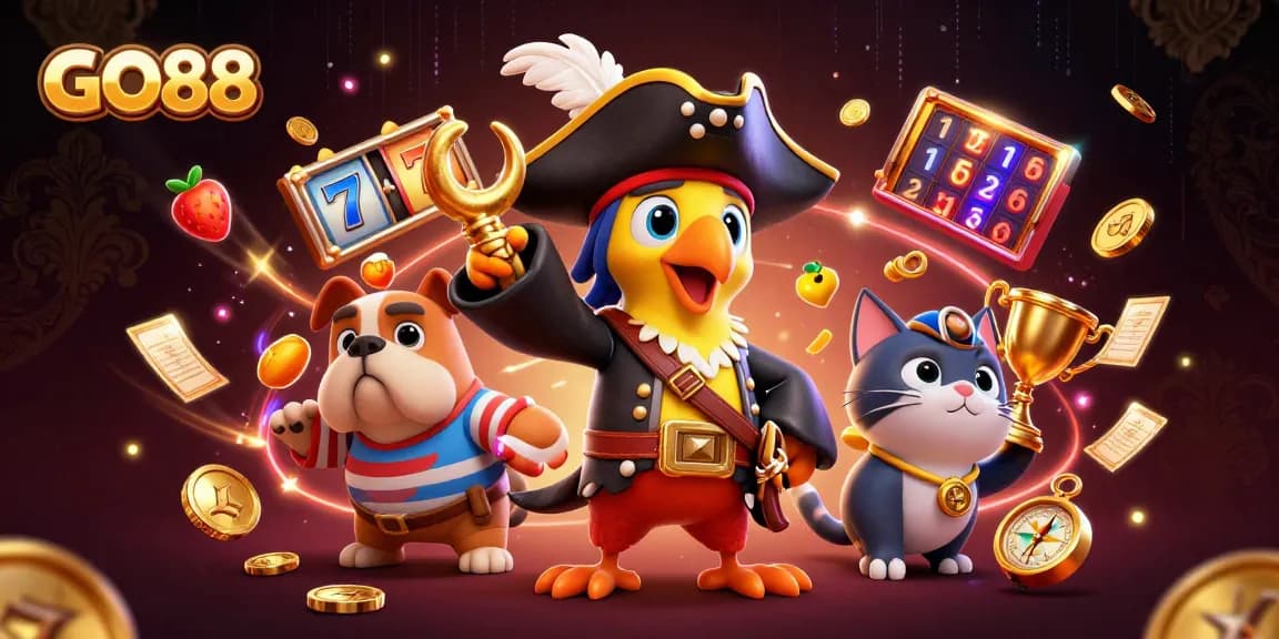 Experience GO88 with a vibrant casino scene featuring dynamic slot elements and lively characters.