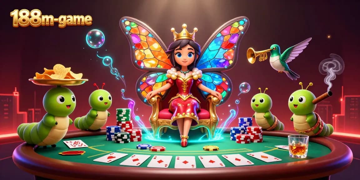 Experience the excitement of 188m-game with a dazzling butterfly queen and poker elements in a vibrant casino scene.